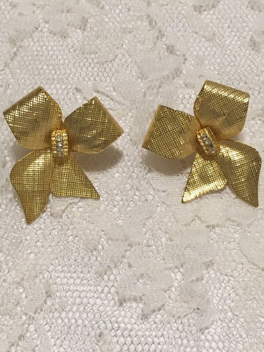 Vintage Bow Earrings with Rhinestones Textured 3D Pierced Elegant